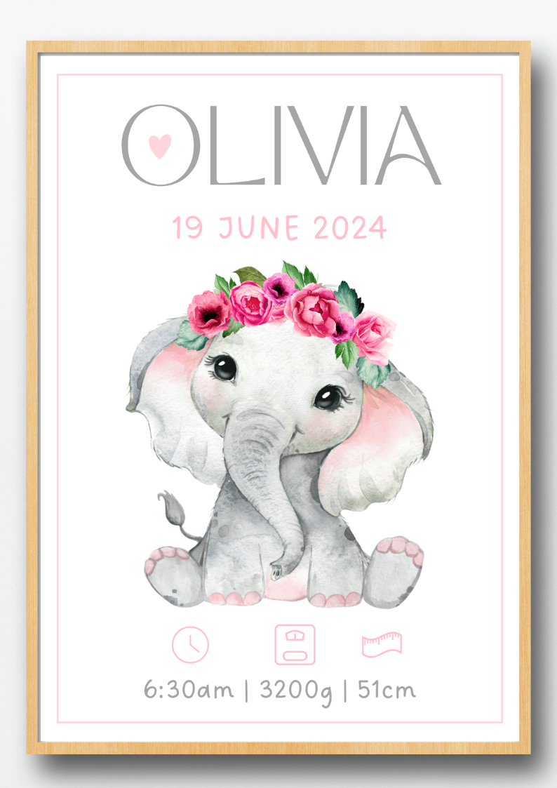 Personalisiertes Geburtsposter – Elefant mit Blumenkranz – Taufbild
