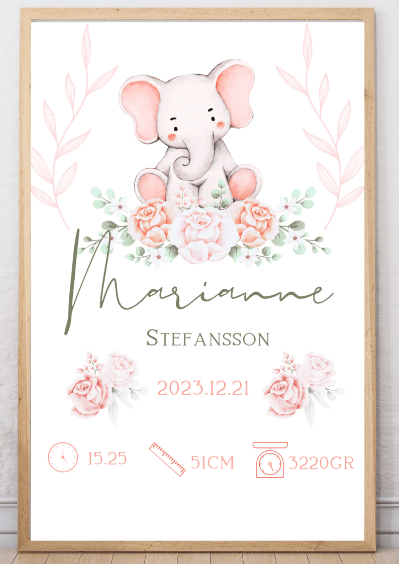 Personalisiertes Geburtsposter – Elefant mit rosa Blumen – Taufbild