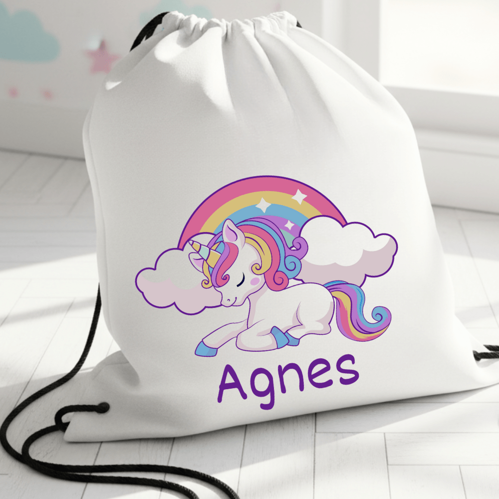 Personalisierter Turnbeutel – Einhorn und Regenbogen – mit Namen
