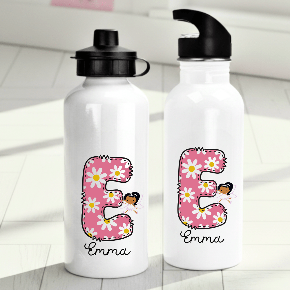 Personalisierte Trinkflasche für Kinder – Blumen und Buchstabe – mit Namen