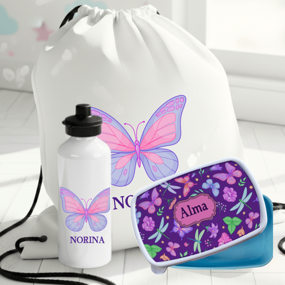 Abenteuer-Set – Schmetterling – Trinkflasche, Brotdose & Turnbeutel