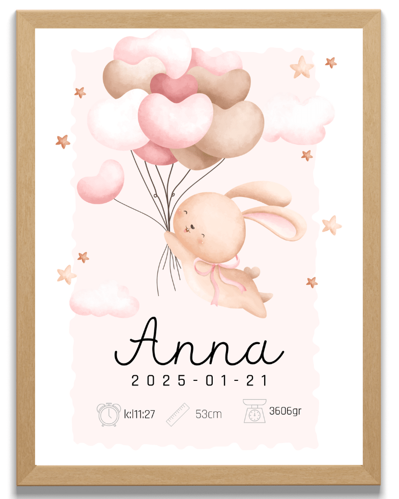 Personalisiertes Geburtsposter – Rosa Hase mit Luftballons – Taufbild