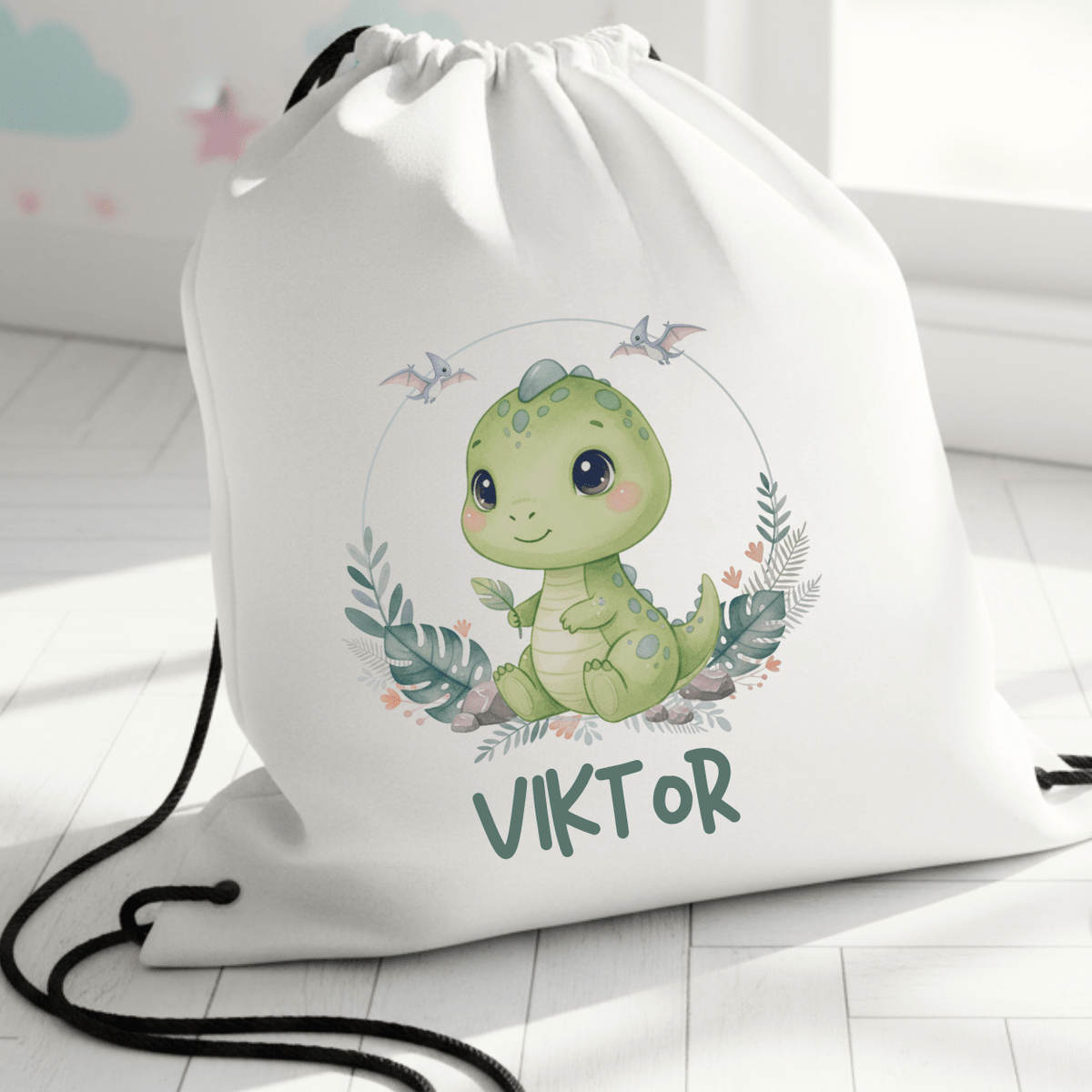 Personalisierter Turnbeutel – Süßer Babydino – mit Namen