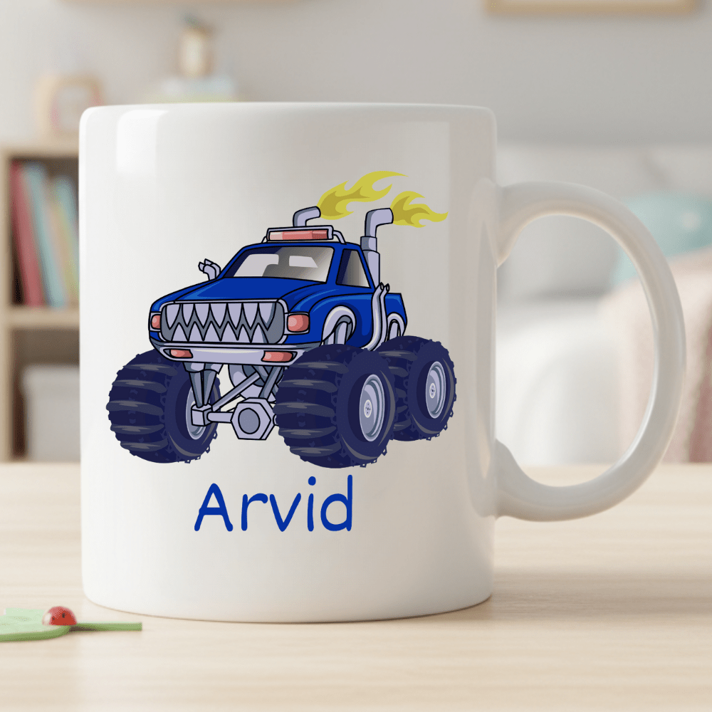 Personlig barnmugg – Monstertruck – mugg med namn för barn