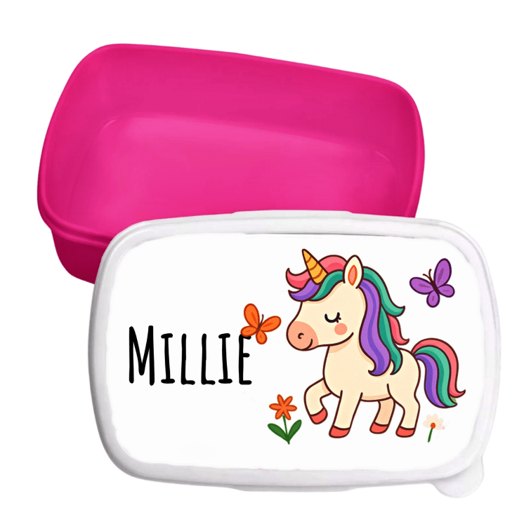 Personalisierte Brotdose für Kinder – Lunchbox – Einhorn mit Schmetterlingen