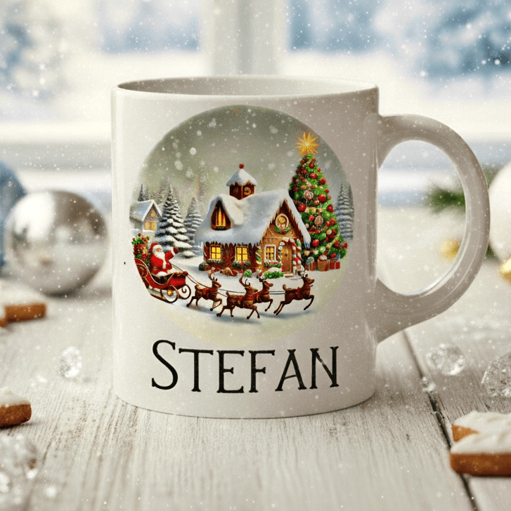 Personalisierte Weihnachtstasse – Heiligabend am Kamin – Tasse mit Namen