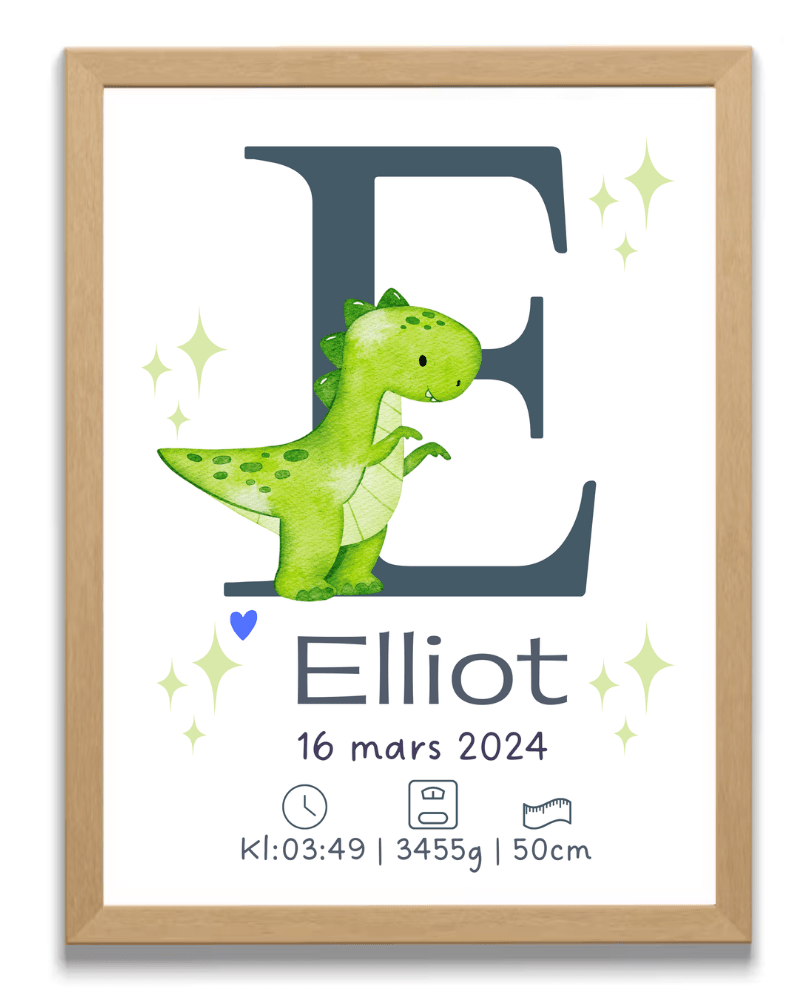 Personlig födelsetavla – Dinosaurie med initial – namntavla
