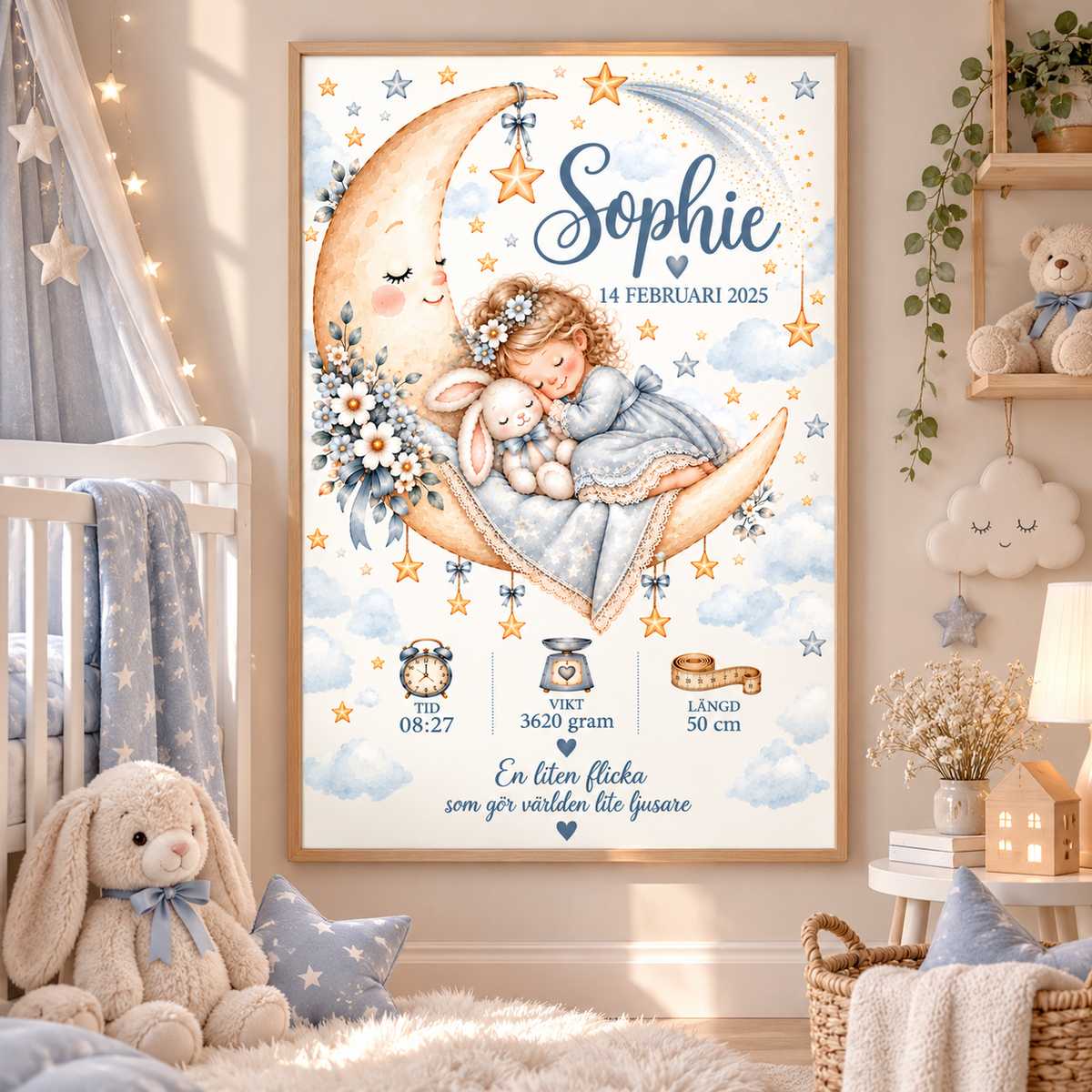 Personalisiertes Geburtsposter – Mond – mit Mädchen und Hase auf dem Mond