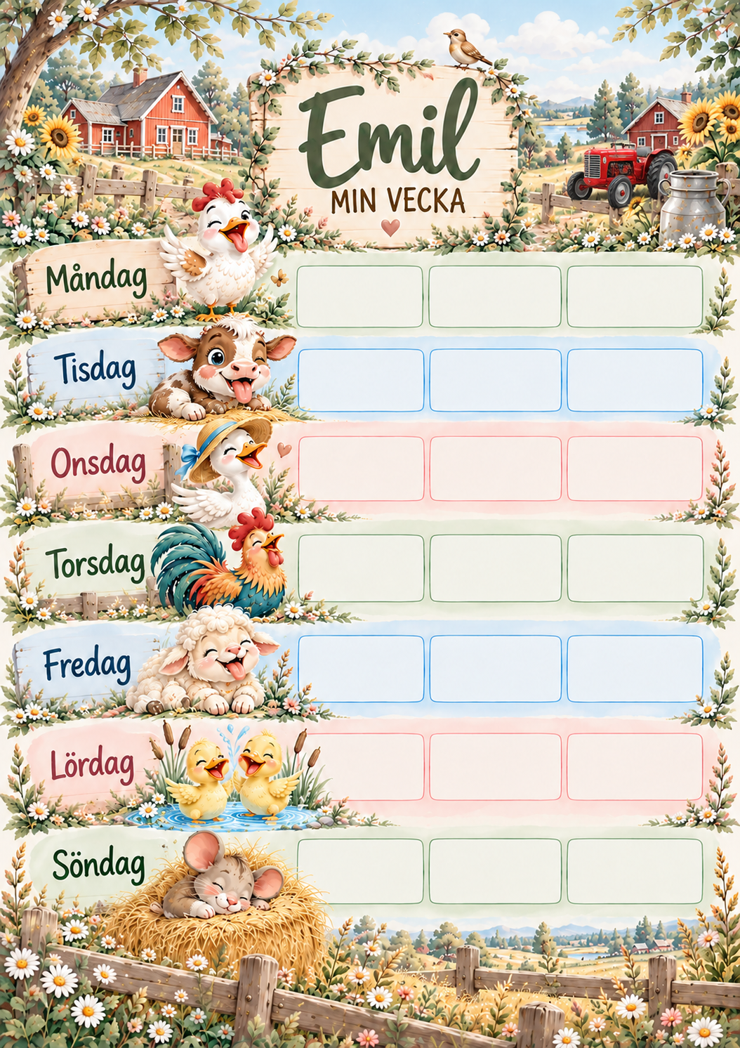 Wochenplan für Kinder mit Namen – Motiv Bauernhof