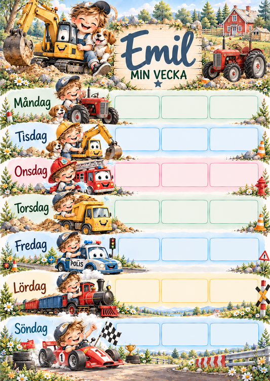 Wochenplan für Kinder mit Namen – Motiv Fahrzeuge