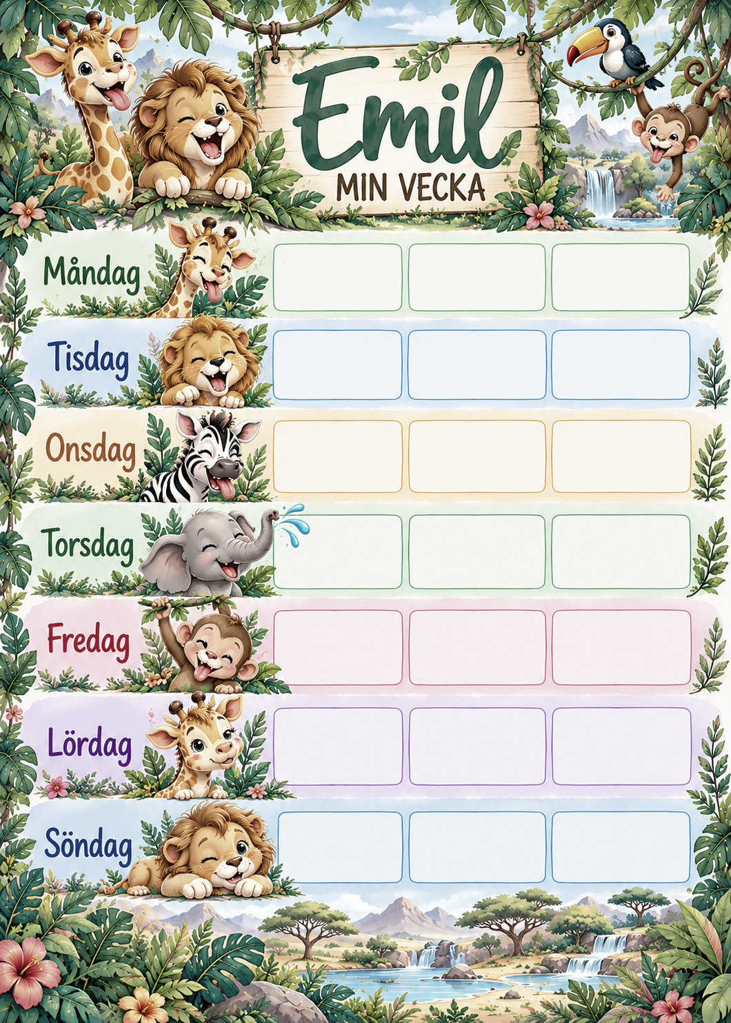Wochenplan für Kinder mit Namen – Motiv Safari