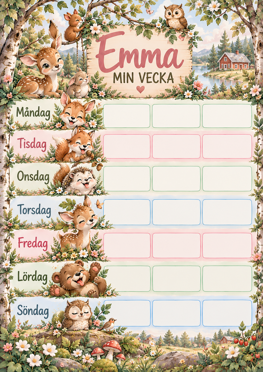 Wochenplan für Kinder mit Namen – Motiv Waldtiere