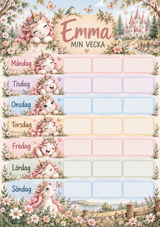 Wochenplan für Kinder mit Namen – Motiv Einhorn