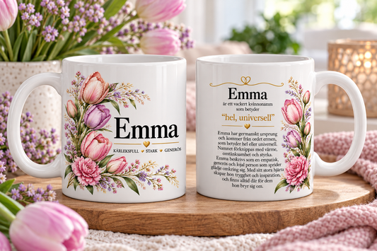 Personalisierte Namenstasse mit Blumenkranz – Was bedeutet dein Name