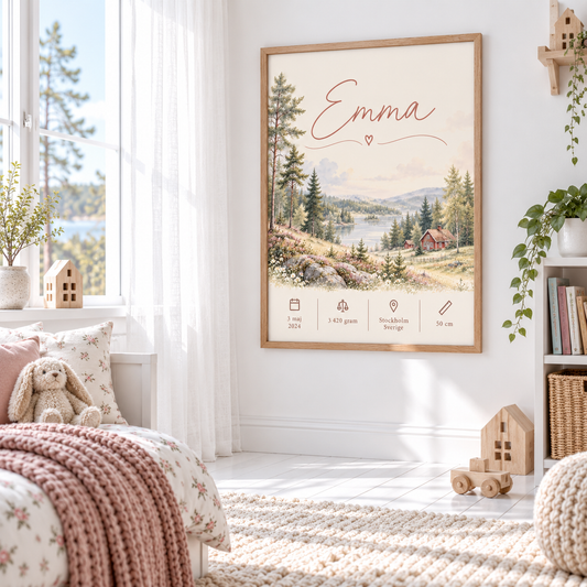 Födelsetavla med svenskt skogslandskap på väggen i ett skandinaviskt barnrum