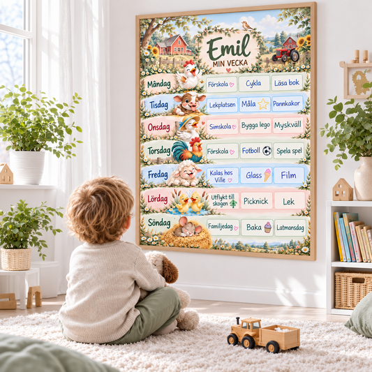Ausgefüllter Wochenplan mit den Aktivitäten des Kindes im Kinderzimmer – Motiv Bauernhof