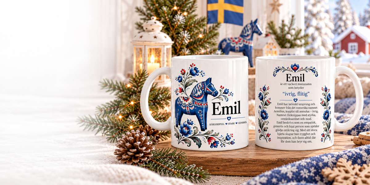 Mugg med namn och betydelse med blå dalahäst – fram- och baksida i juldekor