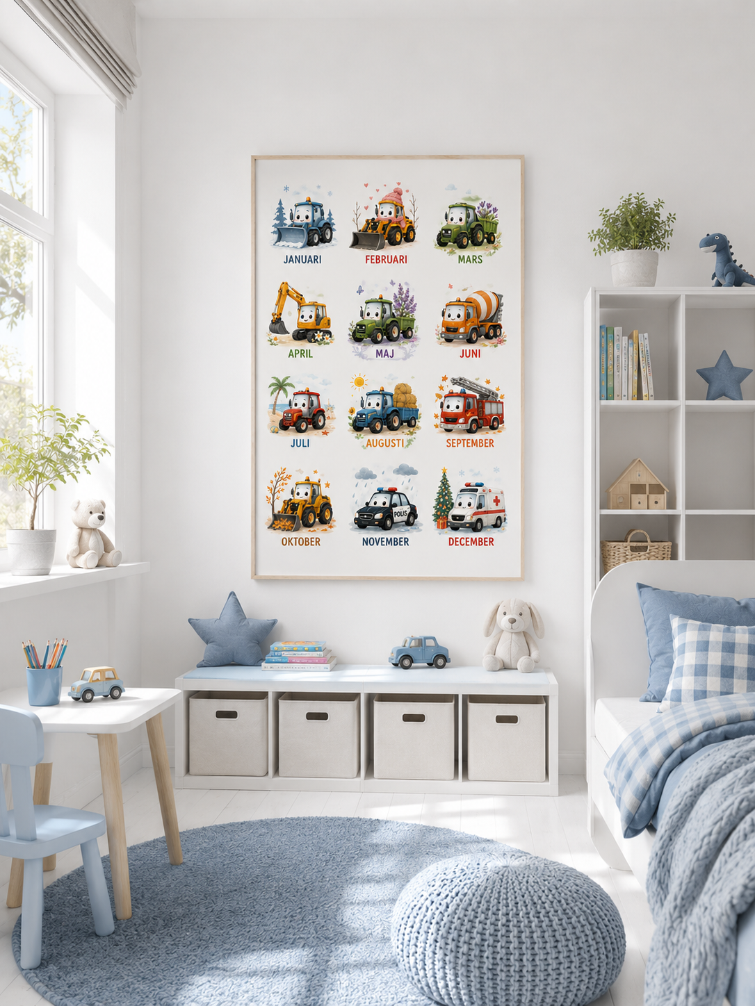 Monate mit Arbeitsfahrzeugen Kinderposter – Aquarell-Kinderbild fürs Jungenzimmer