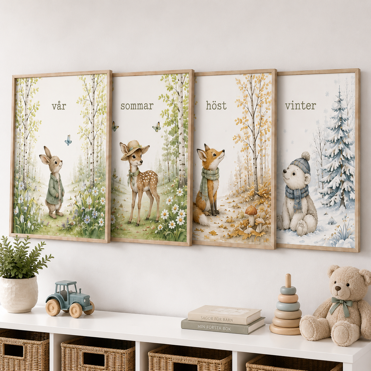 Jahreszeiten-Waldtiere Kinderposter – 4-teiliges Aquarell-Set fürs Kinderzimmer