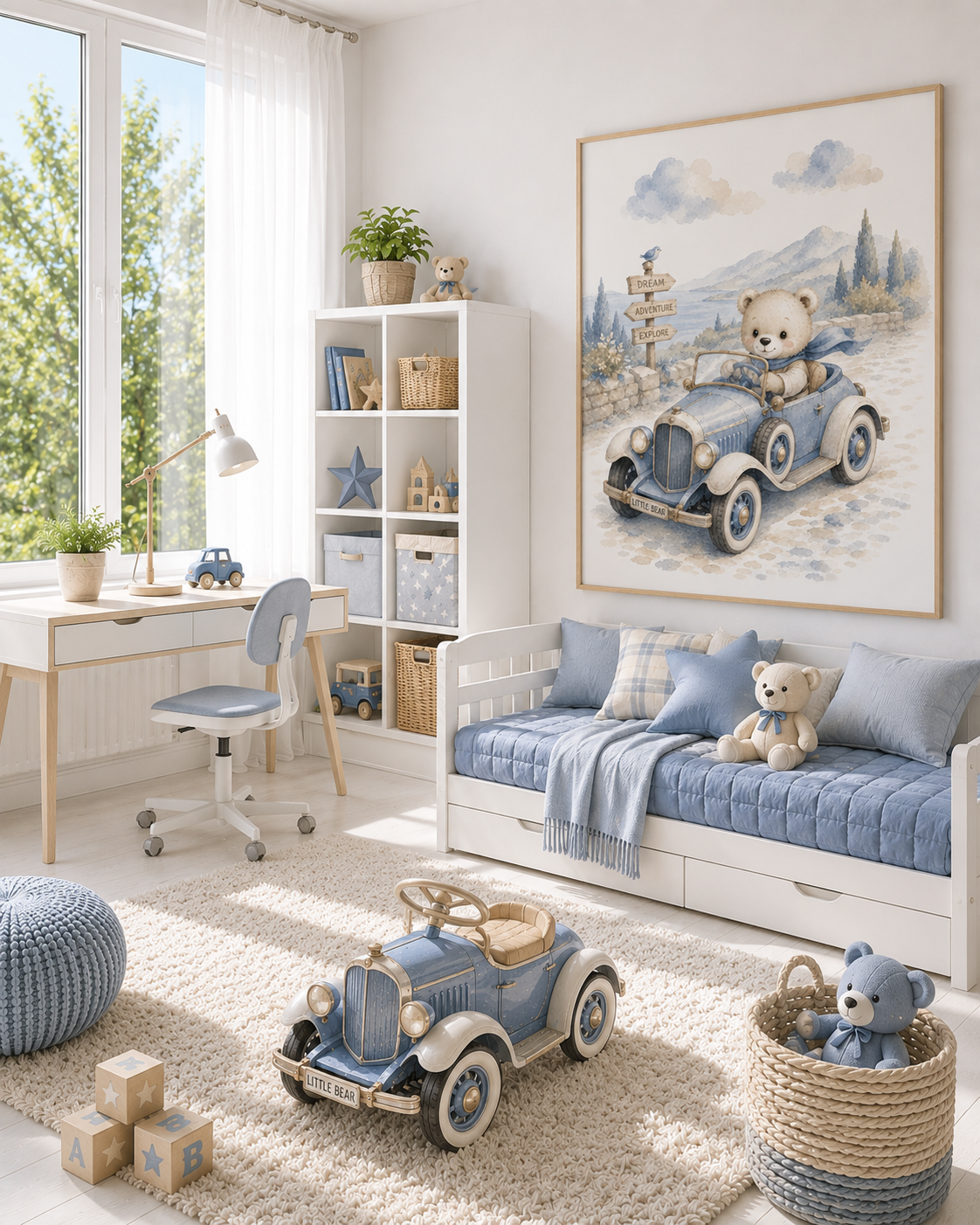 Teddy im Auto Kinderposter – Aquarell-Kinderbild fürs Kinderzimmer