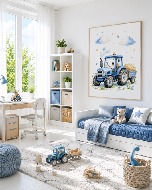 Blauer Traktor Kinderposter – Aquarell-Kinderbild fürs Kinderzimmer
