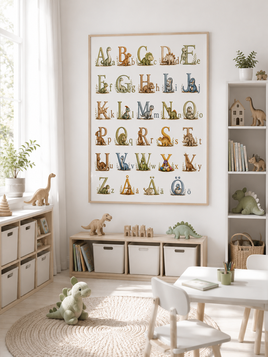 Dinosaurier-ABC Kinderposter – Aquarell-Kinderbild fürs Jungenzimmer