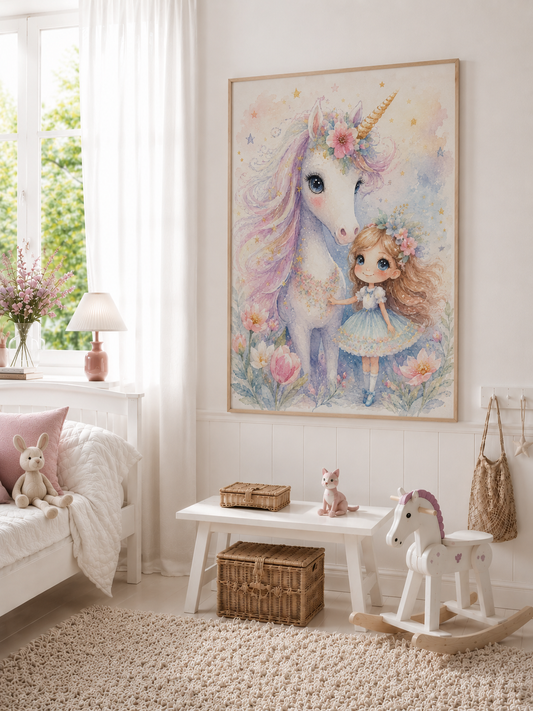 Einhorn und Mädchen Kinderposter – Aquarell-Kinderbild fürs Mädchenzimmer