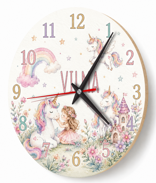 Kinderwanduhr Einhorn mit Regenbogen – lautlos, mit Namen