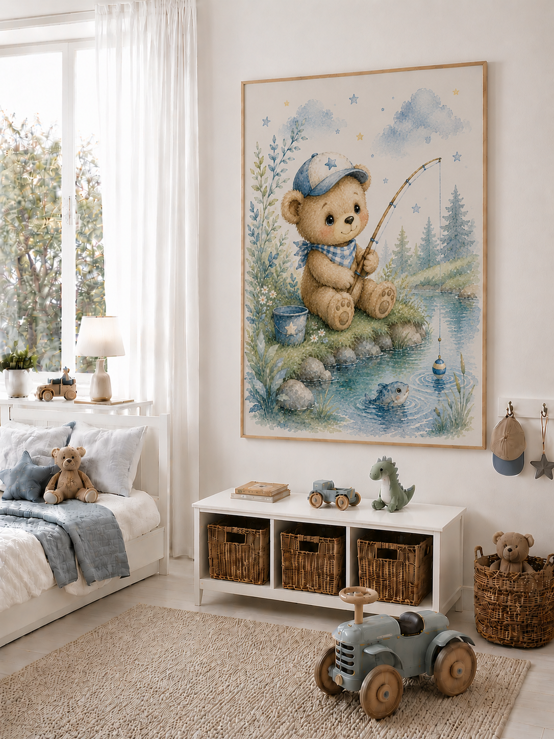 Angelnder Teddy Kinderposter – Aquarell-Kinderbild fürs Jungenzimmer