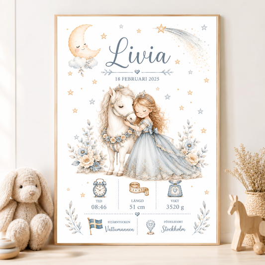 Personlig födelsetavla med prinsessa och ponny – flicka