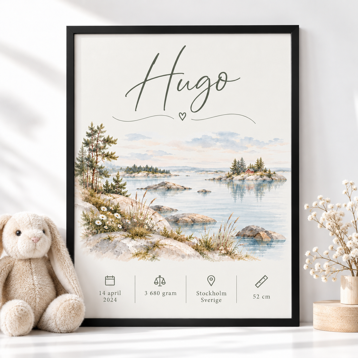 Födelsetavla med skärgård och röd stuga i svart ram