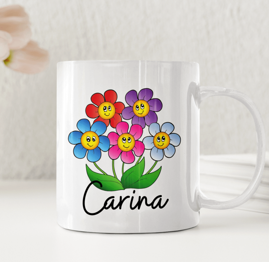 Personalisierte Lehrertasse – Lächelnde Blumen – Dankeschön-Geschenk