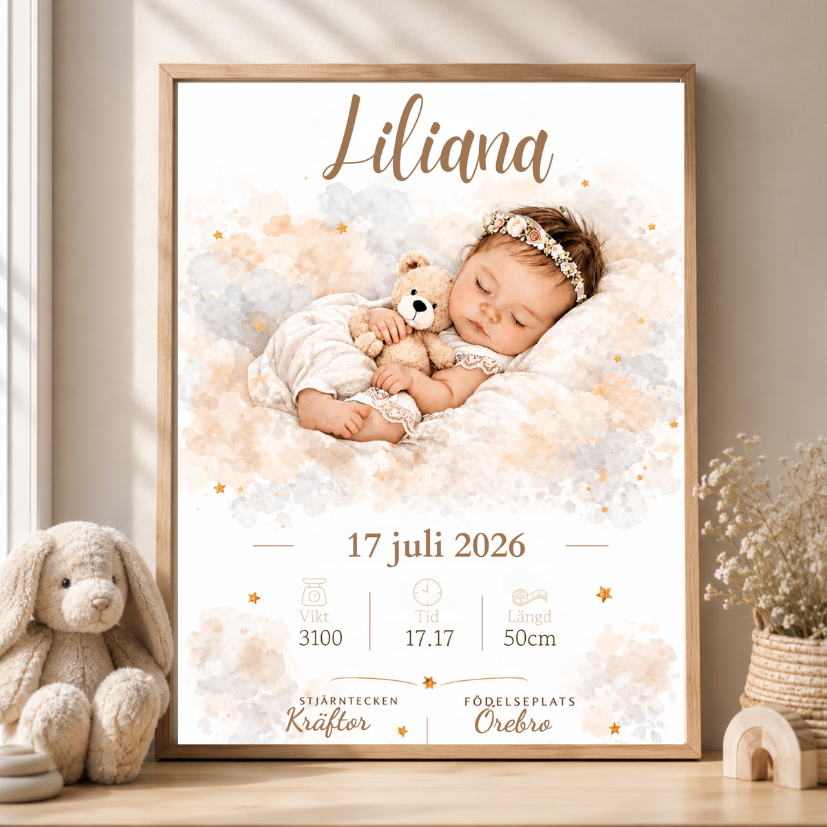Personlig födelsetavla – Baby – Doptavla med nalle och babydetaljer