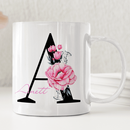Personlig mugg – Romantisk rosa pion – mugg med namn