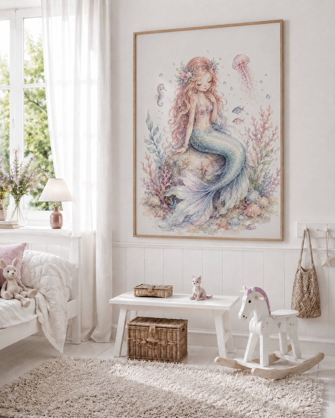 Meerjungfrau Kinderposter – Aquarell-Kinderbild fürs Mädchenzimmer
