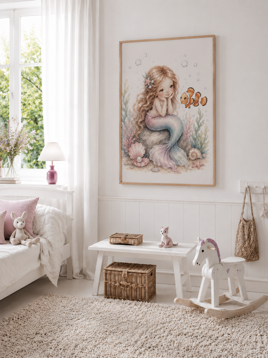Meerjungfrau mit Clownfisch Kinderposter – Aquarell-Kinderbild fürs Mädchenzimmer