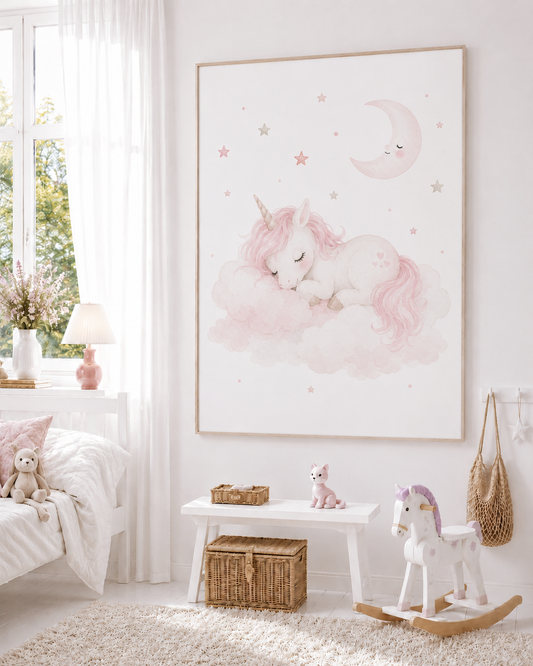 Schlafendes Einhorn Kinderposter – Aquarellbild fürs Mädchenzimmer