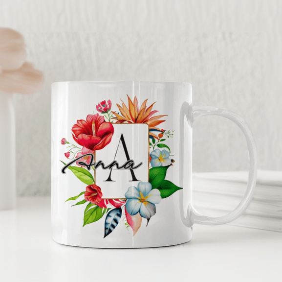 Personalisierte Tasse – Tropischer Blumenkranz mit Initiale – Tasse mit Namen