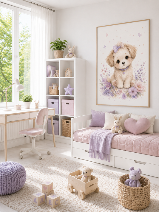 Welpe Kinderposter – Aquarell-Kinderbild fürs Mädchenzimmer