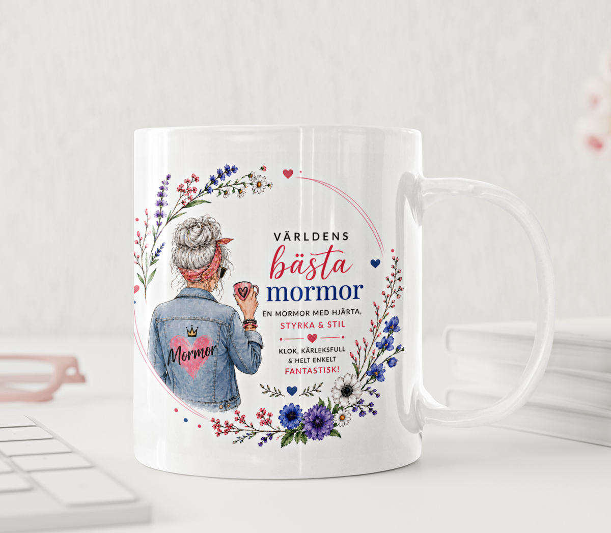Personalisierte Tasse – Beste Oma der Welt – Denim und Frühlingsblumen