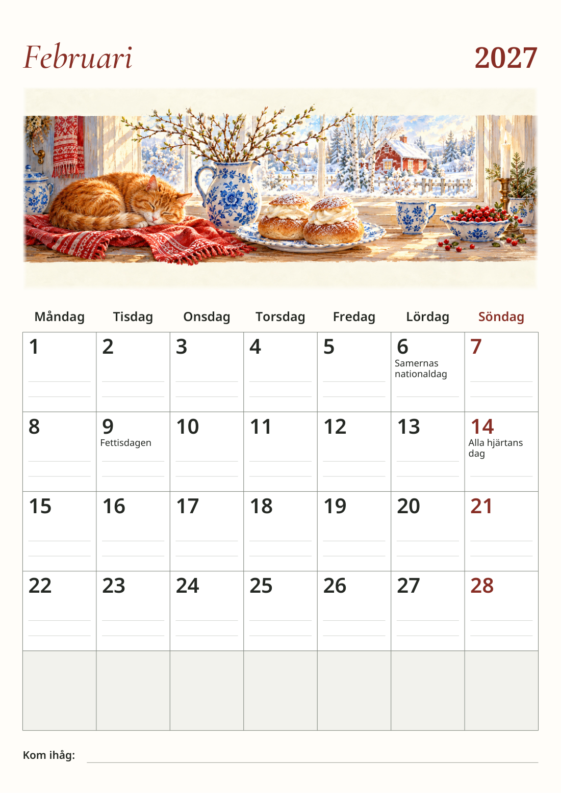 Skandinavischer Wandkalender 2027 – einzigartige Illustrationen – A3