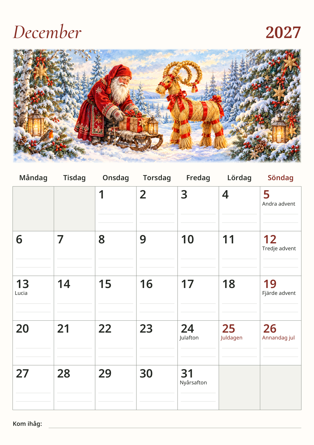 Skandinavischer Wandkalender 2027 – einzigartige Illustrationen – A3