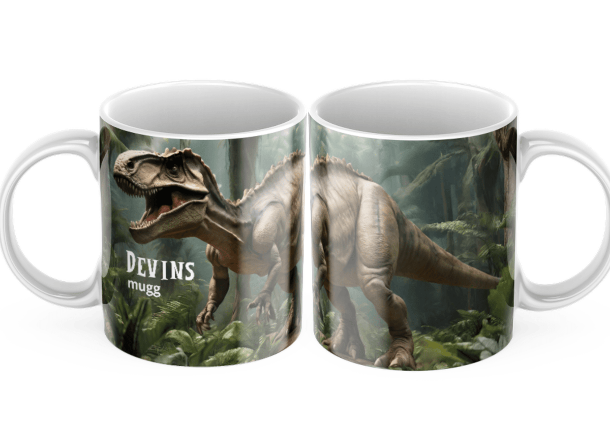 Personalisierte Kindertasse – Dinosaurier in der Märchenwelt – Tasse mit Namen