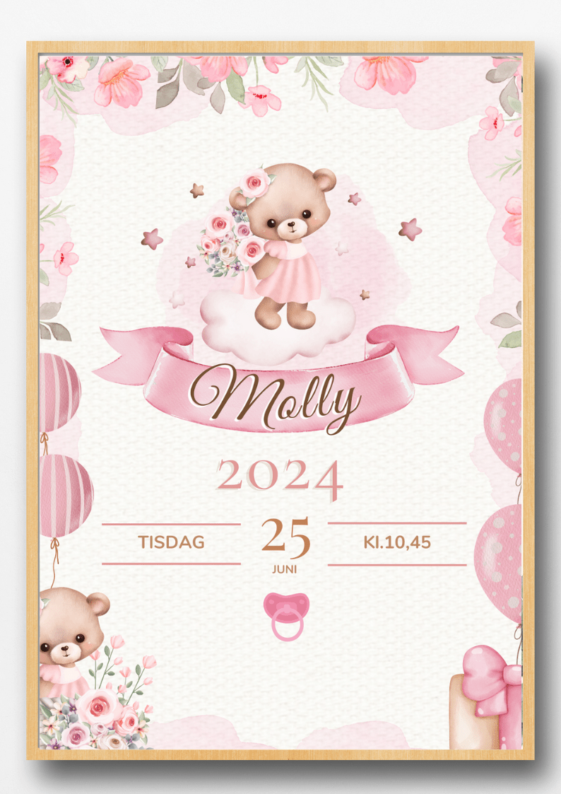 Personalisiertes Geburtsposter – Rosa Teddy – Taufbild für Mädchen