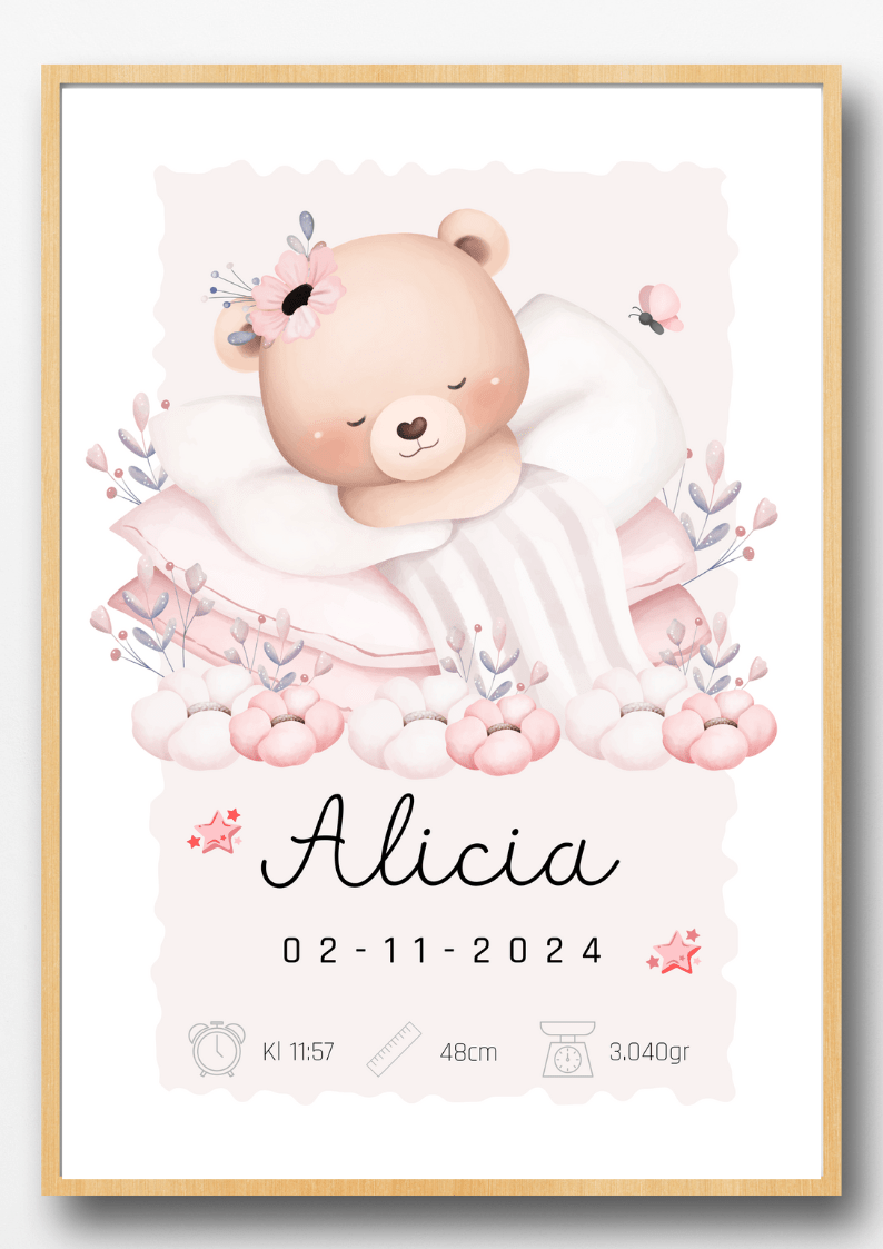 Personalisiertes Geburtsposter – Schlafender Teddy – Taufbild für Mädchen