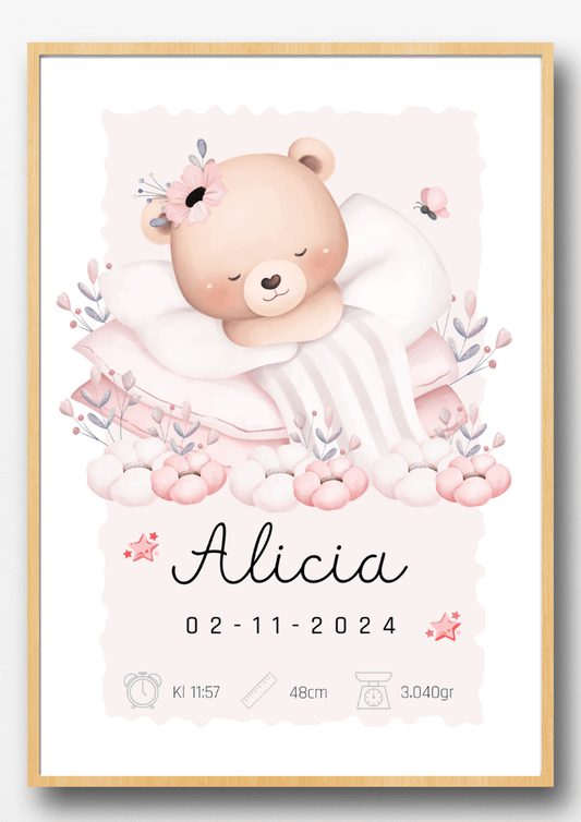 Personalisiertes Geburtsposter – Schlafender Teddy – Taufbild für Mädchen