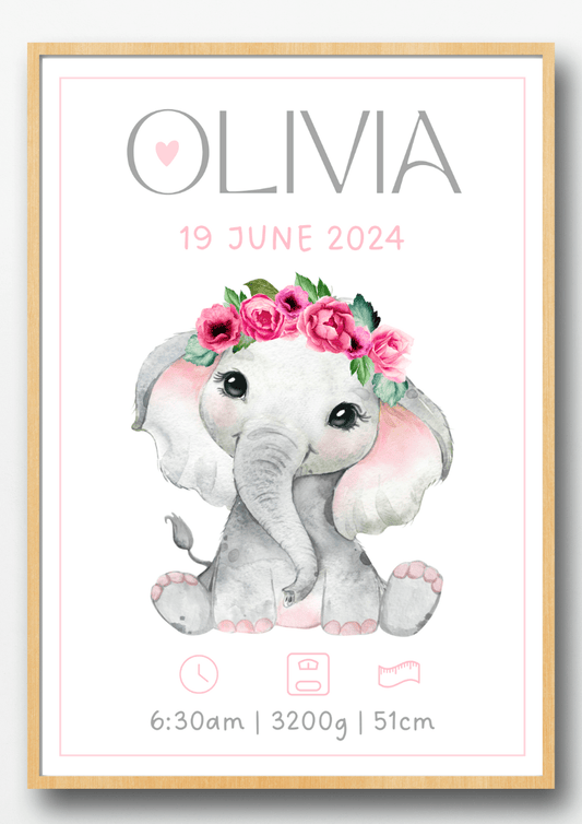 Personalisiertes Geburtsposter – Elefant mit Blumenkranz – Taufbild