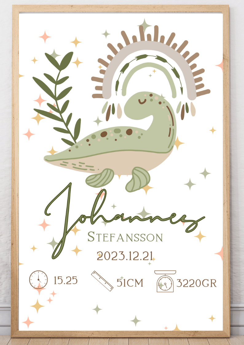 Personalisiertes Geburtsposter – Grüner Dinosaurier – Taufbild für Jungen