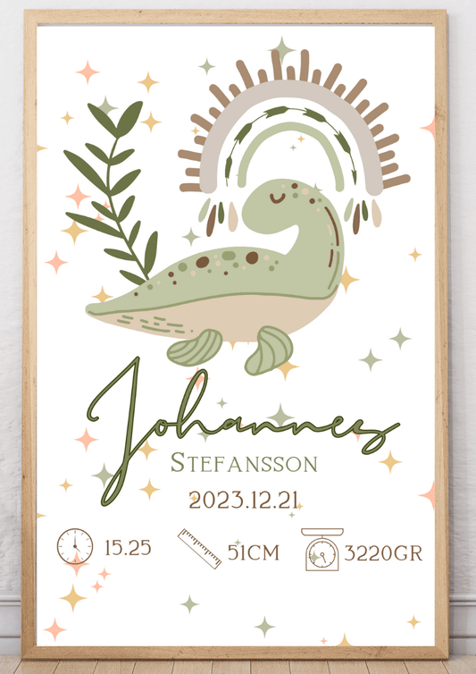 Personalisiertes Geburtsposter – Grüner Dinosaurier – Taufbild für Jungen
