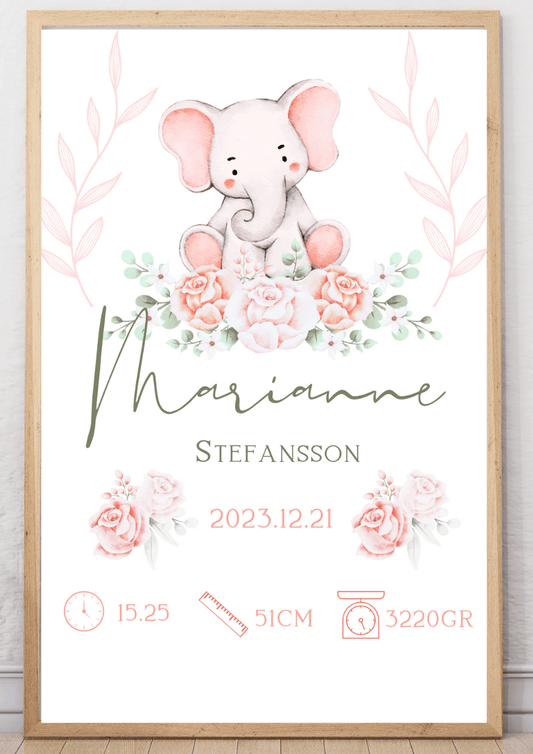 Personalisiertes Geburtsposter – Elefant mit rosa Blumen – Taufbild